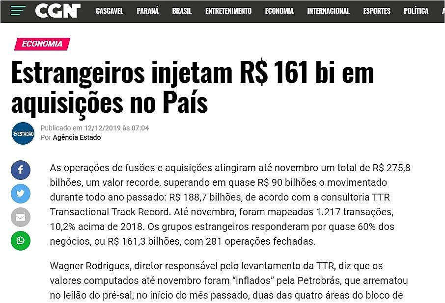 Estrangeiros injetam R$ 161 bi em aquisies no Pas